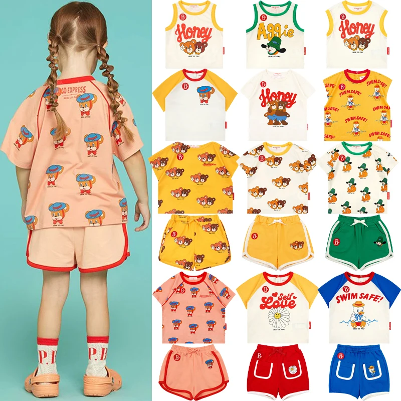 

Korea Children's Clothing Set 2025 New Summer Boys Girls Printed T-shirt Shorts Casual Set Kids Round Neck Cartoon Costume Set