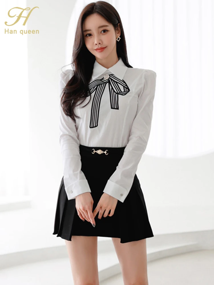 Han Queen New In Matching Sets White Shirts + Short Skirts Korean Set Woman 2 Pieces Chic And Elegant Summer Clothes Women 2024