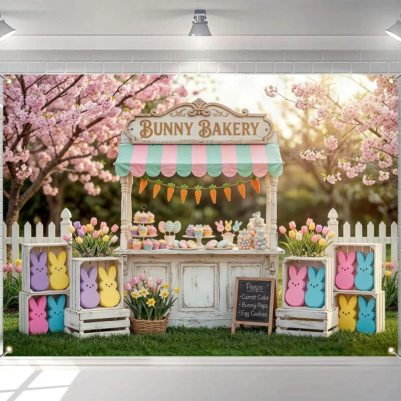 LS Easter Shop Backdrop Photography Bunny Bakery Shop Floral Easter Egg Background Spring Kids Birthday Photozone Studio