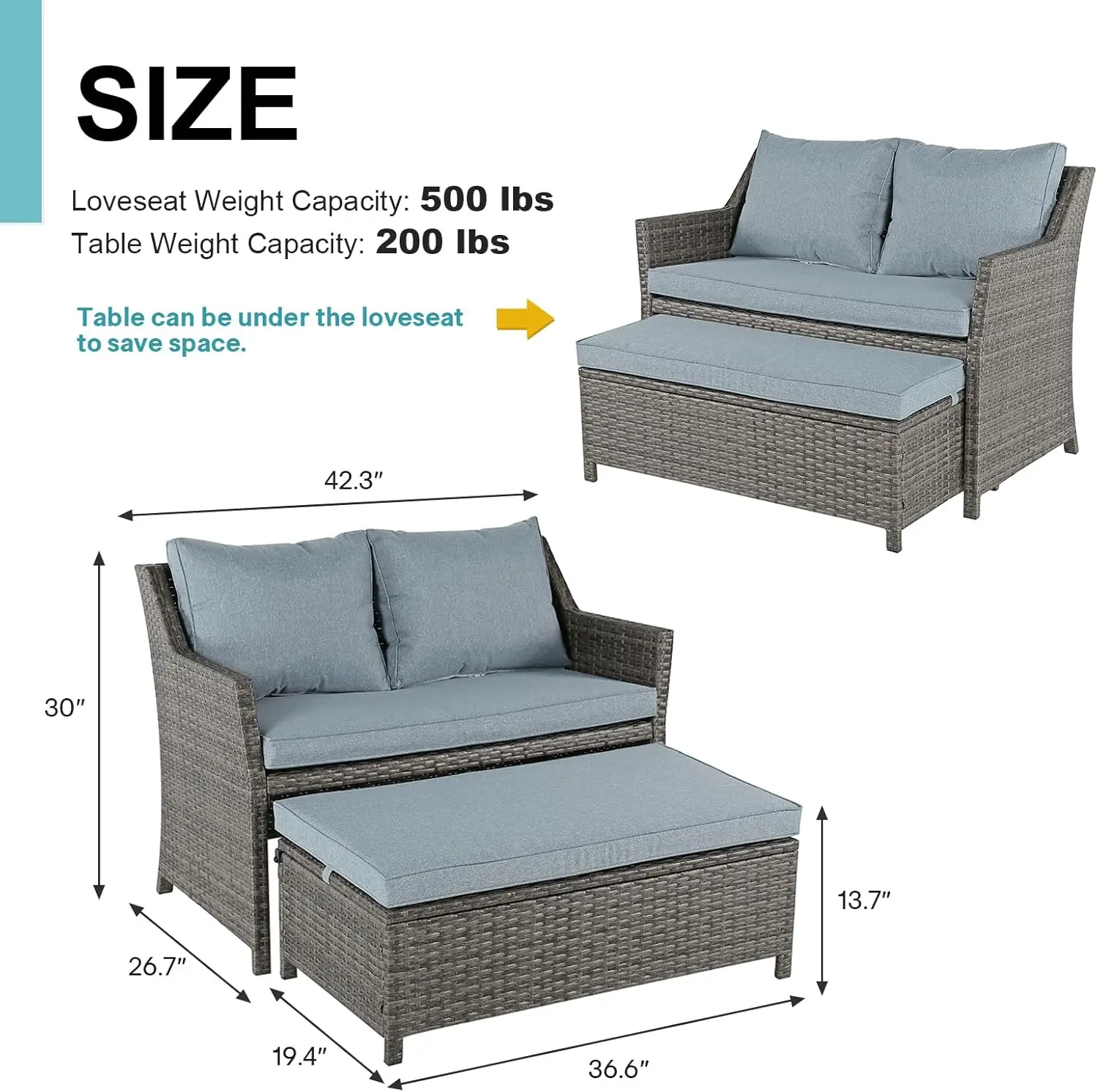 Conjunto de assento de vime para exterior de 2 peças e mesa de centro, armazenamento embutido, rattan cinza, almofadas cinza
