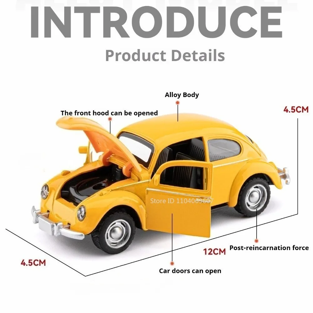 1:36 Beetle Model Toy Vintage Cars Alloy Diecast Doors Opened Pull Back Exquisite Interior Collection Vehicles Birthday Gifts
