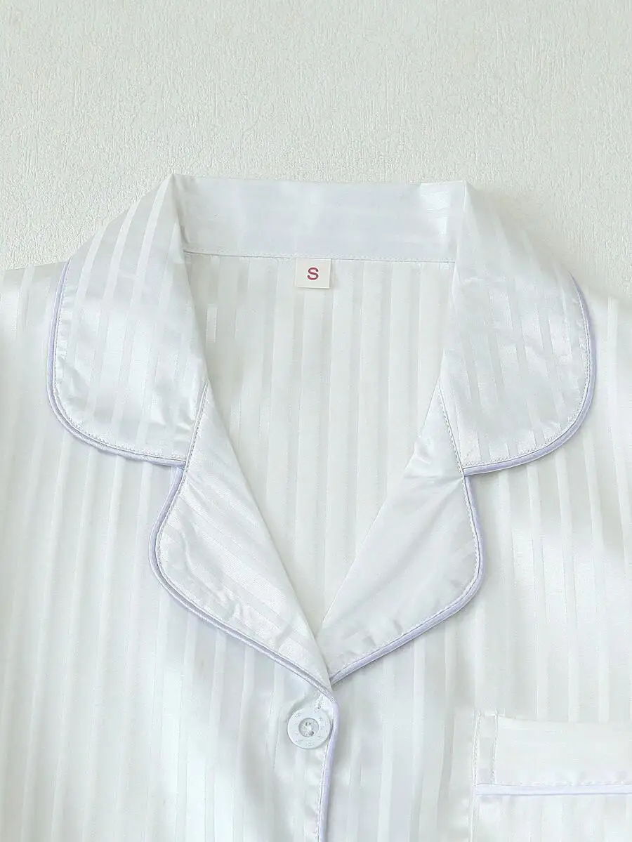 Women Satin Striped Short Sleeve Turn-Down Collar Sleep Top Spring Summer