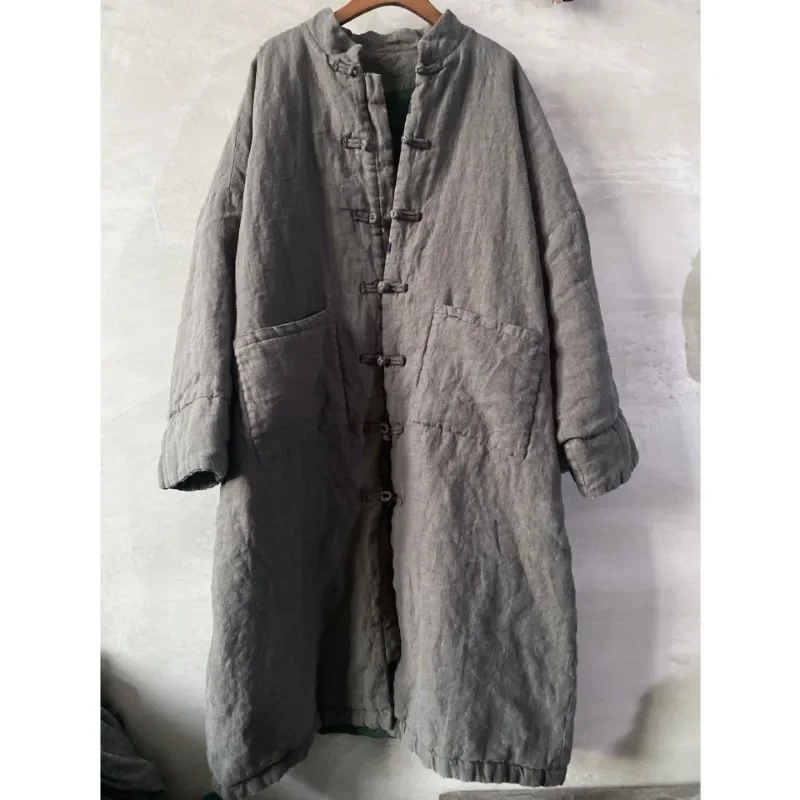 

Женские парки, винтажная куртка с воротником-стойкой и длинными рукавами и карманами на пуговицах, зимние новые однотонные льняные пальто в китайском стиле, женская одежда