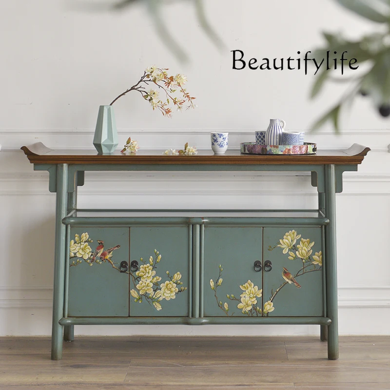 New Chinese Style Artistic Hand Drawn Flowers and Birds Guest Living Room Entrance Sideboard Cabinet Decoration Storage Cabinet