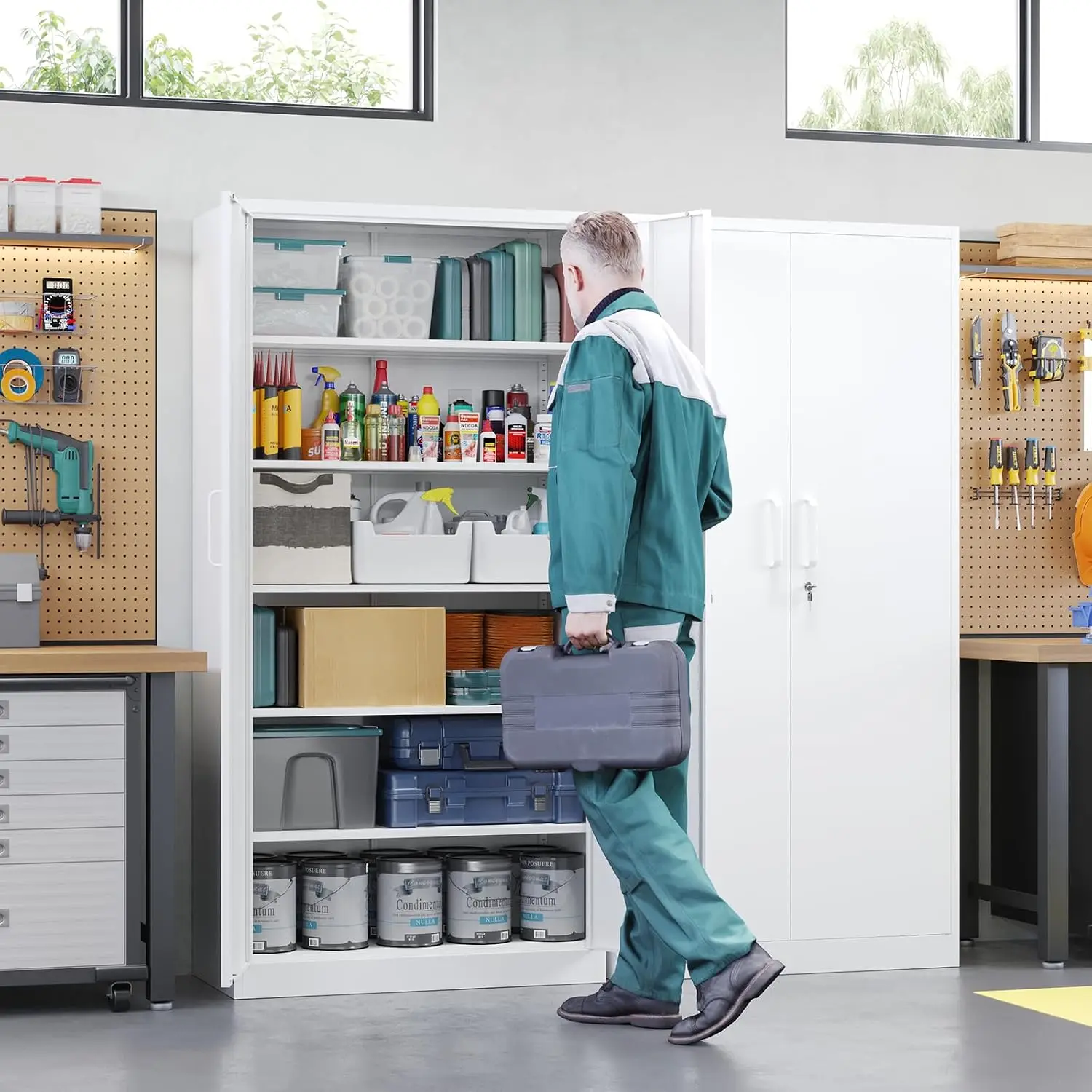 Metal Storage Cabinet Lock Door 5 Adjustable Shelves Steel Locker Garage Home Office Warehouse, Customized
