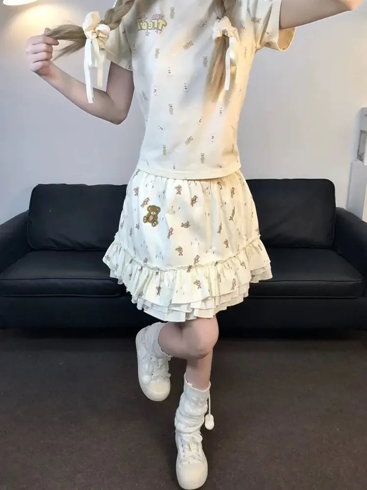 Mini jupe à volants imprimée ours mignon pour femmes, Style japonais, taille haute, ligne a, moelleuse, jupe gâteau, douce, Y2k, été