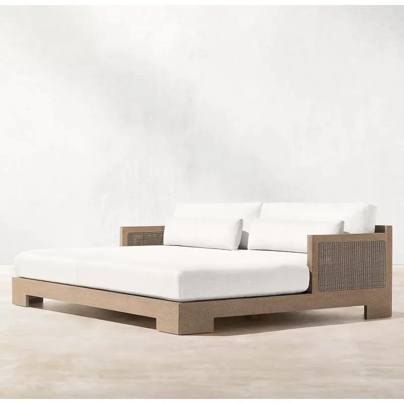 Beach Modern Wooden Rattan Woven Day Bed Teak Chaise Lounge Bespoke Outdoor Furniture
