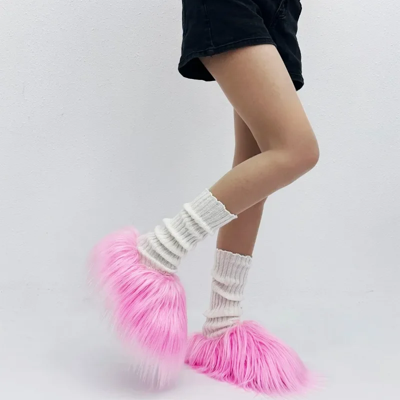 Y2K Fur Long Plush Slippers Women Winter Furry Flats Platform Shoes Ladies Fashion Colourful Fluffy Fleece Slippers Slides New