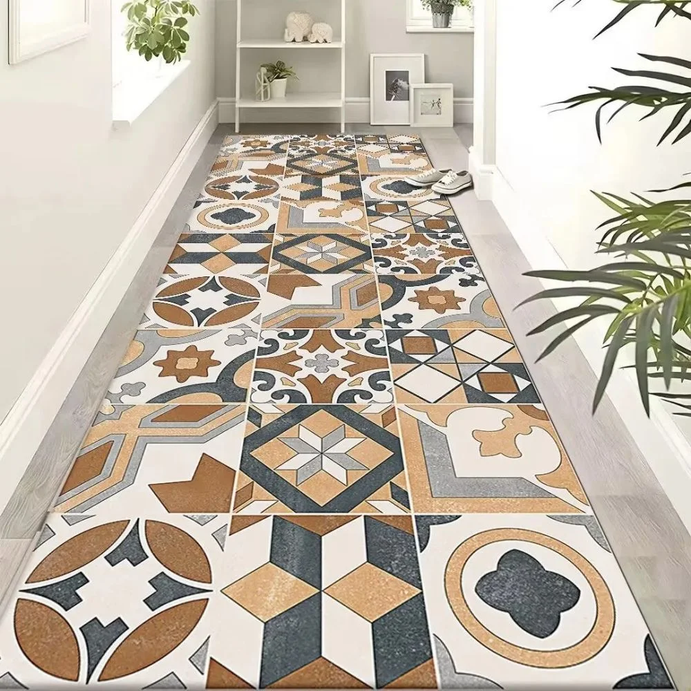 VIKAMA Vintage Bohemian Long Corridor Carpet Light Luxury Non-Slip Washable Mat for Kitchen Entrance Bedroom Home Decoration