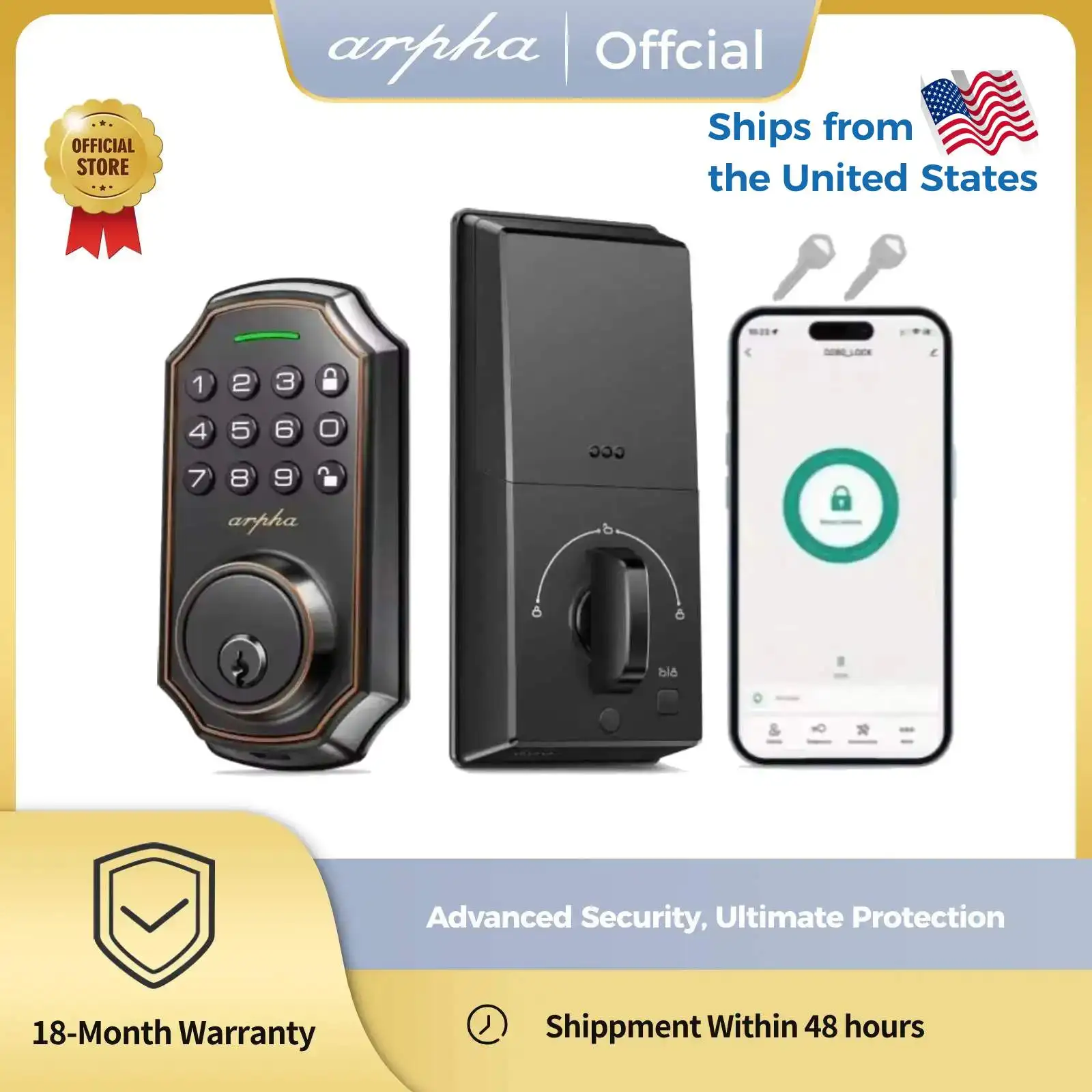 

Arpha Smart Door Lock ‎Keyless Entry Lock w/ 100 Code 16-Digit Anti Peeping Password Electronic Deadbolt Easy to Install D180