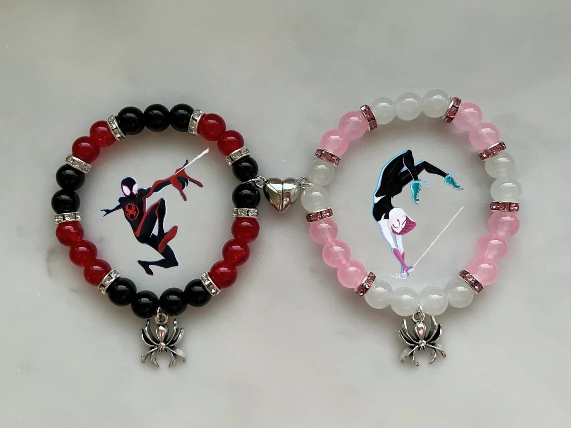 Handmade Miles Morales and Gwen Stacy Matching Bracelet With Heart Magnet | Gift for her