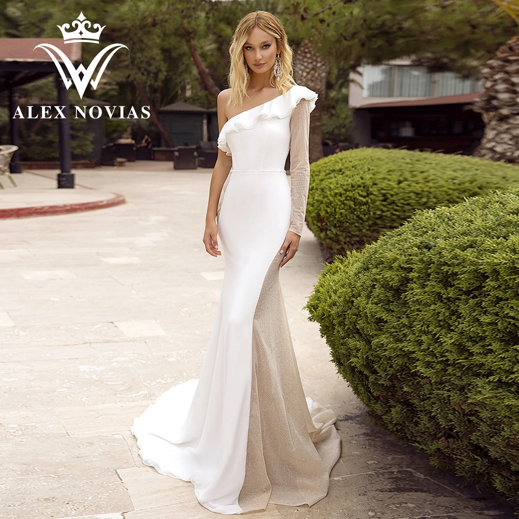 

ALEX NOVIAS Long Sleeve Mermaid Wedding Dress 2023 One Shoulder Ruffles Brush Train Vintage Satin Dress Vestidos Novias De Saten