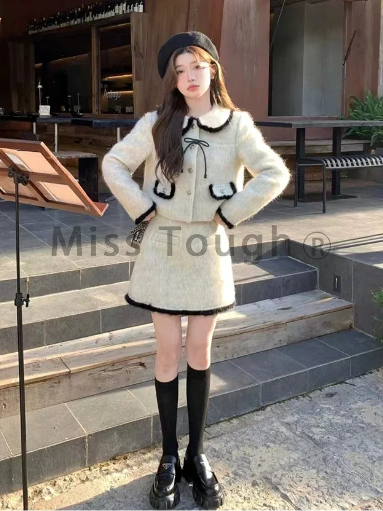 Winter Vintage Elegant Warm Two Piece Set Women Patchwork Kawaii Chic Skirt Suit Female Korean Bow Fur Coat + Mini Skirt 2023