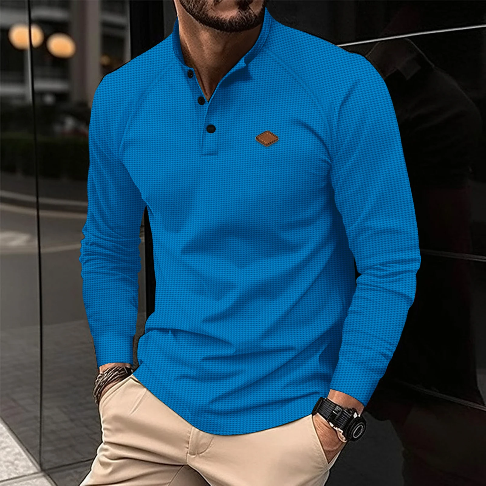 Men's New Waffle Henley Shirt - Long Sleeve Stand Collar Polo Shirt with Contrast Button, Casual Slim Fit Tee for Spring Fa