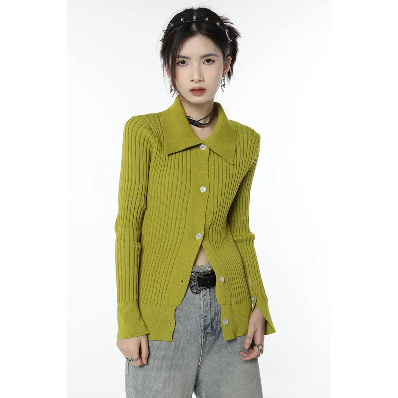 Cárdigan verde militar para mujer, cuello tipo POLO corta con ropa de abrigo, abrigo de punto Vintage para ocio y viento para invierno