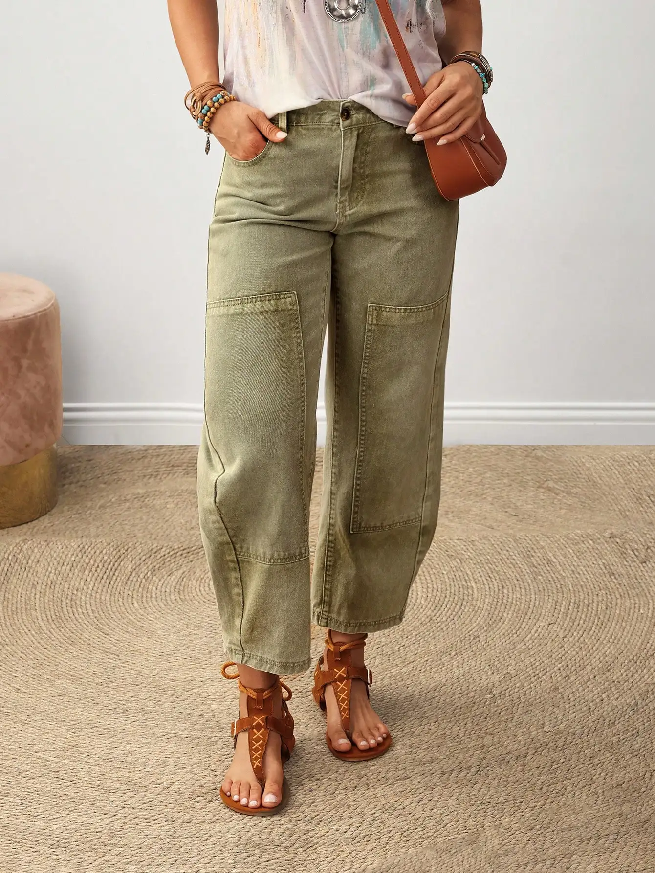 

Women's Olive Green Cargo Denim Pants, Loose Fit Wide Leg for Summer Casual Wear