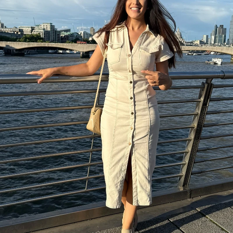 HXAO Blaues Jeanskleid, gerüscht, lange Kleider, kurze Ärmel, elegante Kleider, Damen-Sommer-Midikleid, Knopf, figurbetont, Freizeitkleider