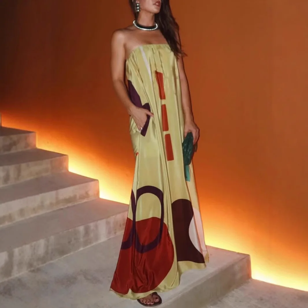 

DSMTRC Women Loose Strapless Backless Long Dresses 2025 Lady Beach Robees Elegant Print Strapless Sleeveless Off Shoulder Dress