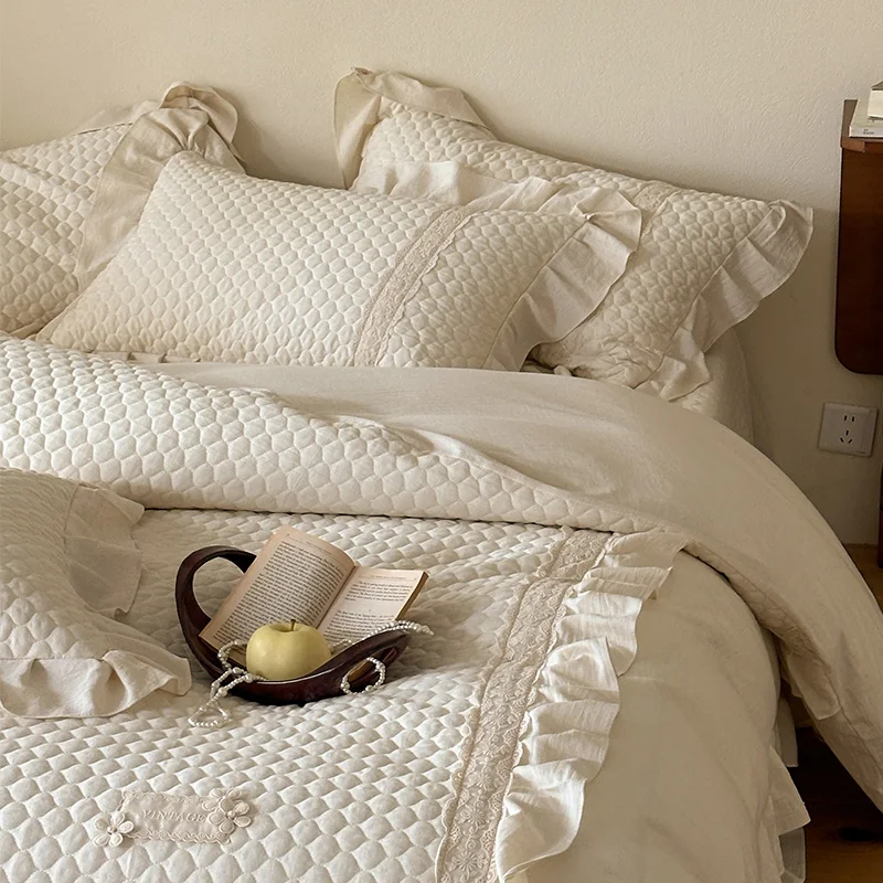 4Pcs Bedding Set Cotton Linen French Ruffles Quilted Duvet Cover With Bed Sheet Or Quilted Bedspread Pillowcases Home Textiles