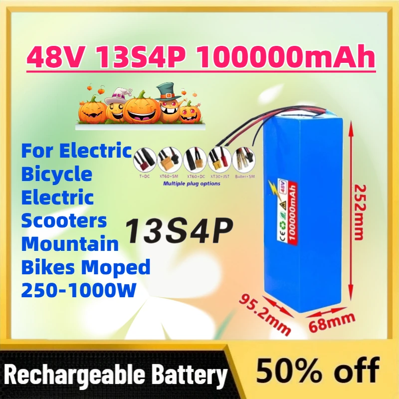 High-Performance 48V 13S4P 100Ah Rechargeable Battery for Electric Bicycle Electric Scooters Mountain Bikes Moped 250-1000W