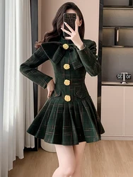 New Autumn Winter Plaid Wool Stand Collar Party Mini Dress Sweet Women Chic Big Bow Gold Buttons High Waist Slim Short Vestidos