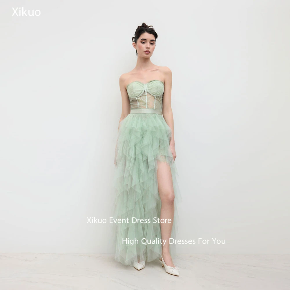 

Xikuo многоуровневое тюлевое вечернее платье с рюшами, трапециевидное свадебное платье с высоким разрезом, летнее платье для выпускного вечера с милой аппликацией по индивидуальному заказу