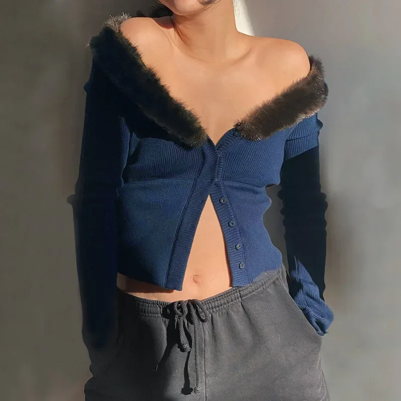 Autumn Long Sleeve Button Up Cropped Cardigan Women Off Shoulder Fur Collar Patchwork New Fairy Y2k Fashion Knitted Sweater Tops