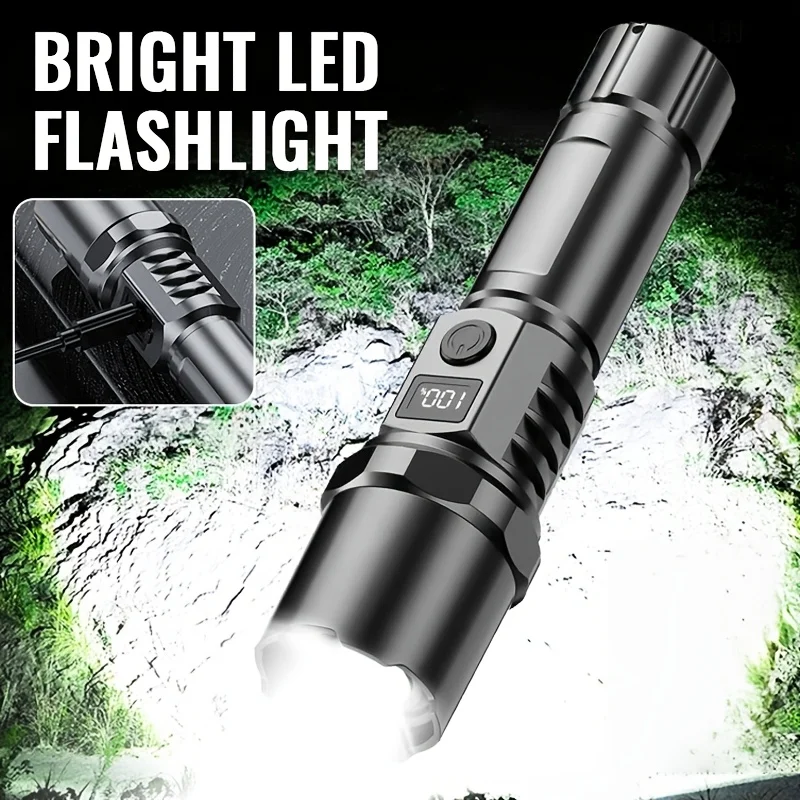 High Power Led Flashlight Type C Rechargeable Flashlights Digital Display Zoom Hand Light For Camping,Outdoor And Emergency