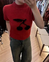 Cherry Jacquard Mohair Knit Pullover Women High Quality Cashmere Wool Half High Collar Short Sleeve Sweater Spring Crop Top X867