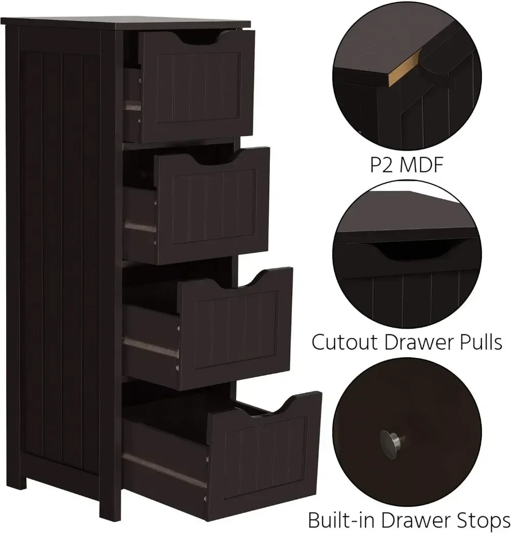 Bathroom Floor Cabinet, Wooden Side Storage Organizer, 4 Drawers Free-Standing Cabinet for Bathroom/Hallway/Living Room