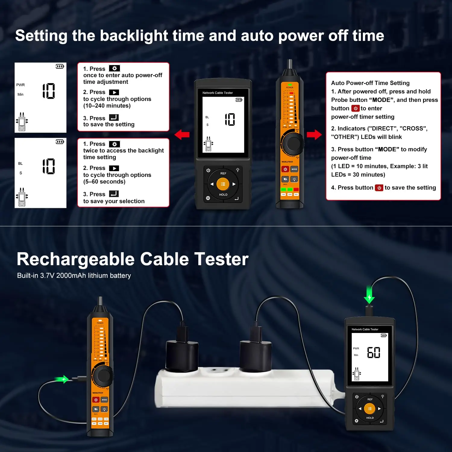 3" Screen Rechargeable Network Cable Tester with OPM & VFL Digital Tone Generator & Probe Kit PoE Detector RJ45 Ethernet Cable