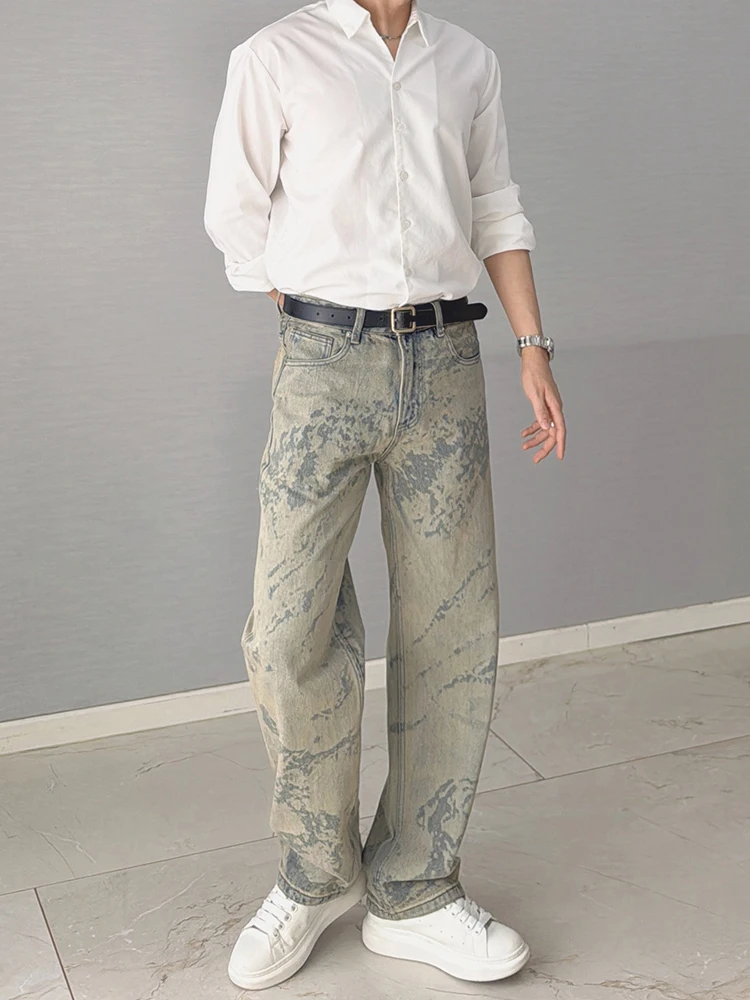 

Мужские джинсы с эффектом похудения, винтажные резные прямые брюки с лазерной резьбой, повседневная одежда, смесь хлопка и полиэстера, удобная посадка