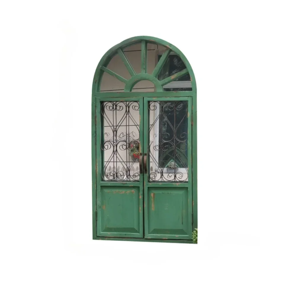 Worn fake window walls, aerial gardens, retro green solid wood mirror wall decorations