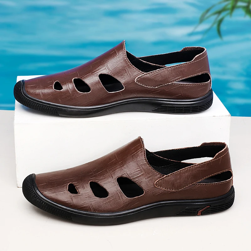 

Летние мужские удобные лоферы, повседневная кожаная обувь с вырезами, модная уличная мужская дышащая и нескользящая пляжная обувь