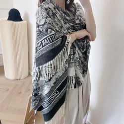 Blended Cashmere Ink Wash Printing Scarf Fashion Tassel Shawl For Women Winter Warm Scarf Neckerchief