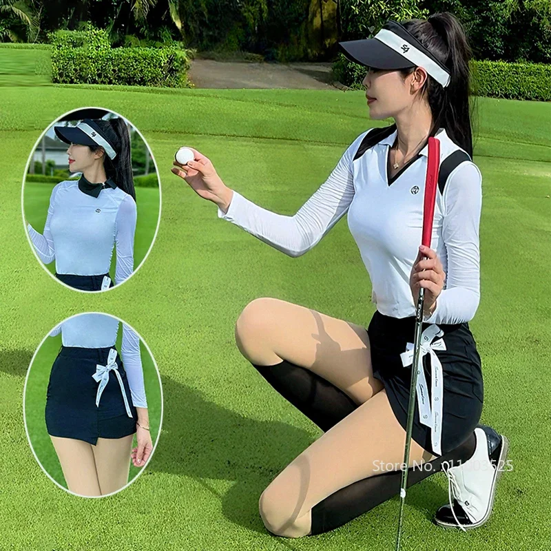 SG Golf Clothes Women Korean Long Sleeve Shirts Sunscreen Cooling Quick-Dry Tops Ladies Slim Pencil Skirts Tennis Bow Skorts