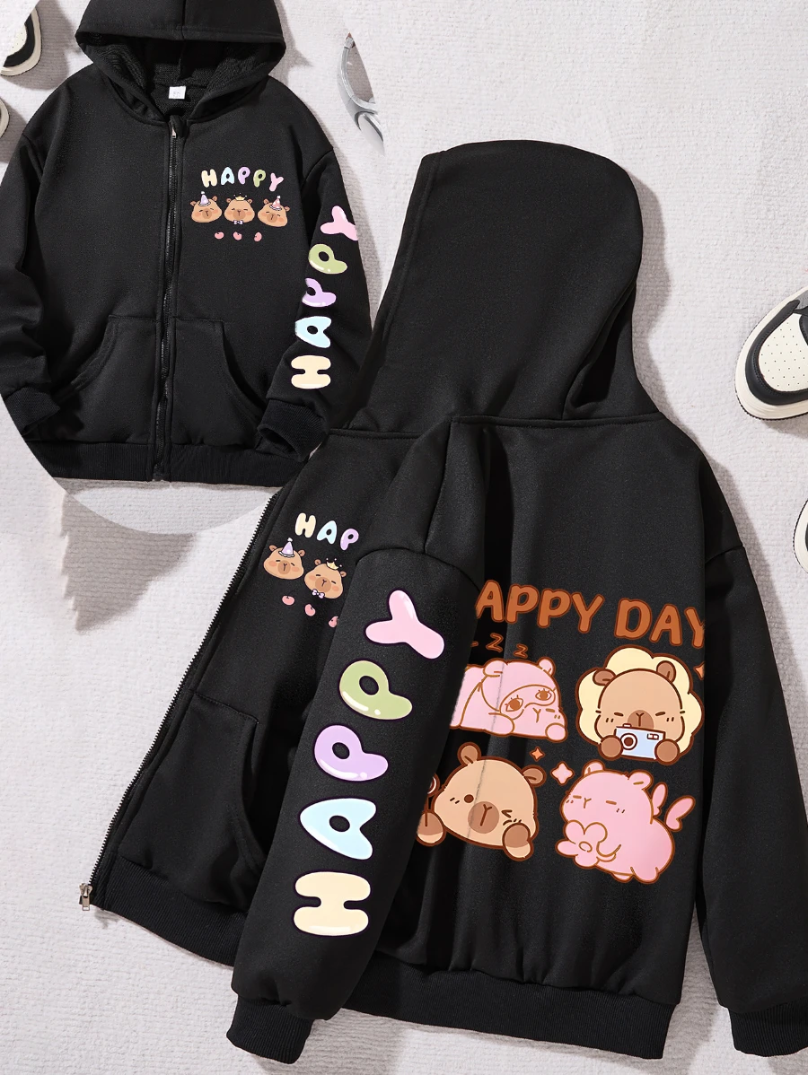 Kids Zip Up Hoodie Boys Girls Black Happy Day Print Fall Winter Sweatshirt Cute Cartoon Casual Long Sleeve Jacket Outfit Toddler