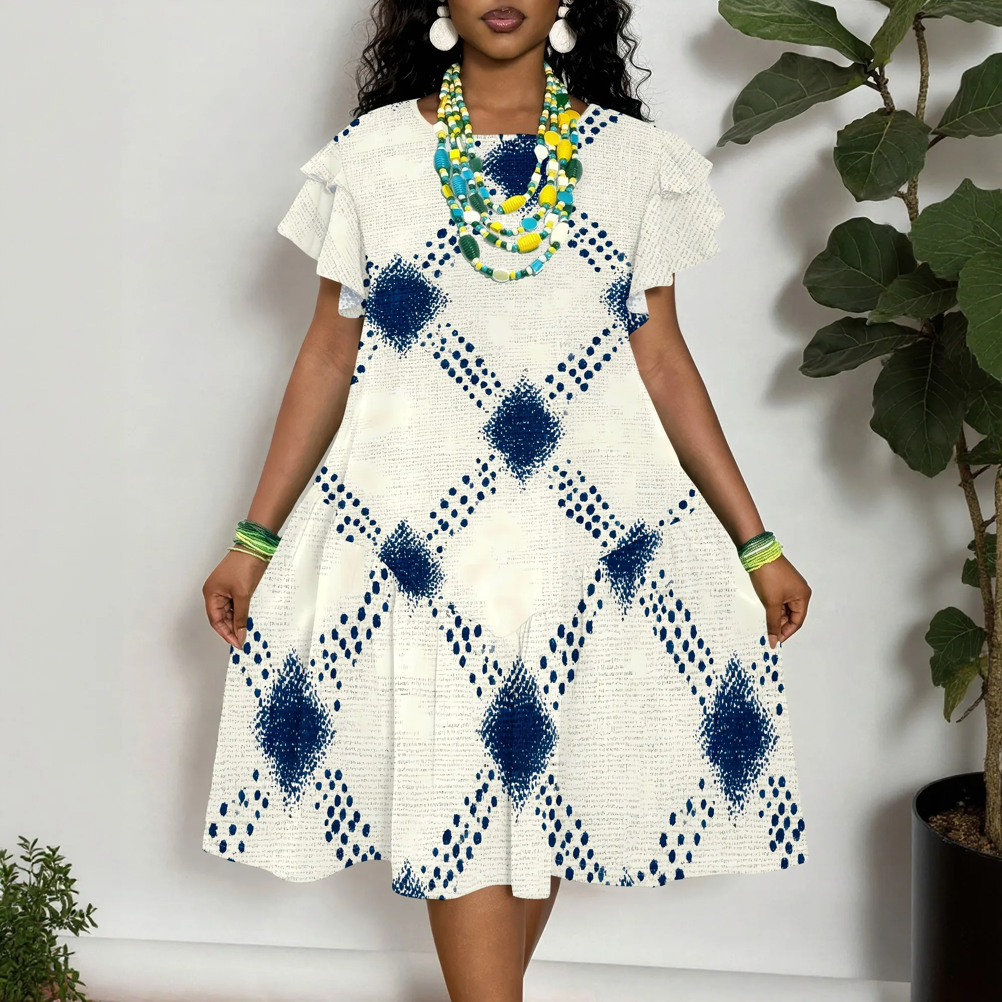 

Short Sleeve Dress, Blue Print Tunic Dress, Ruffle Hem Midi Dress, Casual Summer Dress for Women, XL-6XL