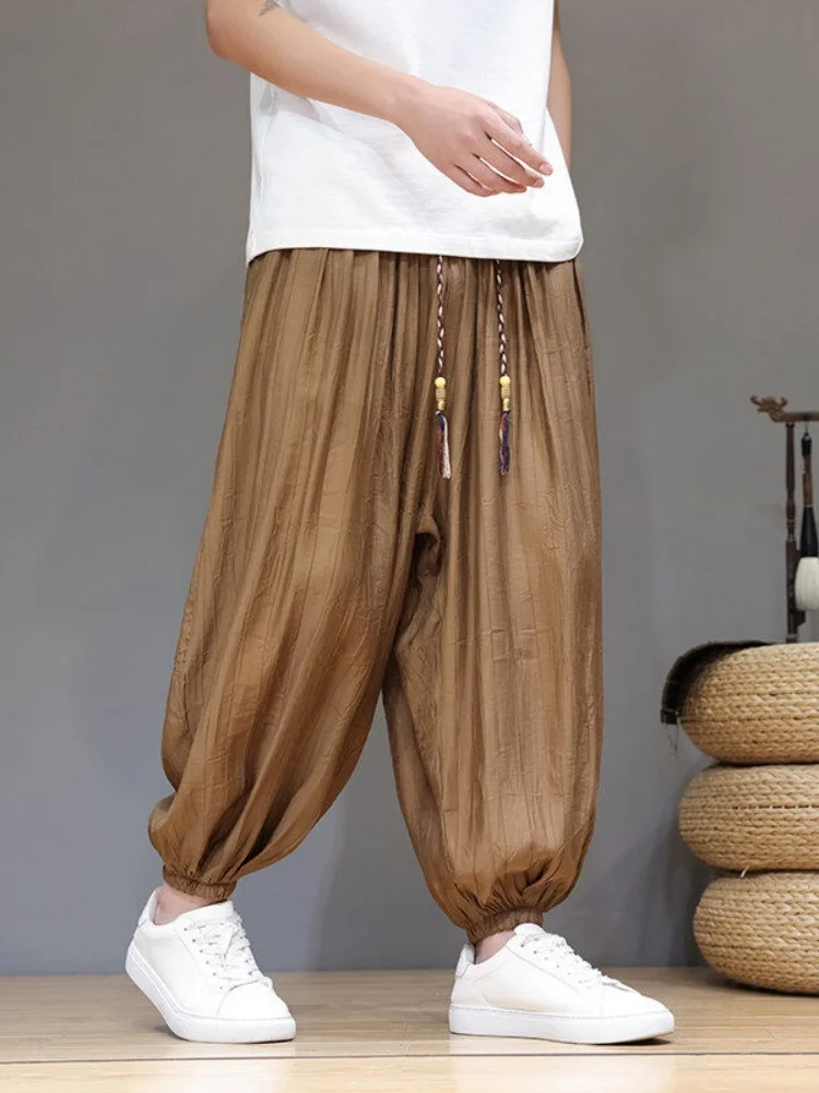 

Ice Silk Loose Men's Summer Thin Harlan Pants New Chinese Sle Lantern Pants Bunch Foot Loose Fit Casual Trousers