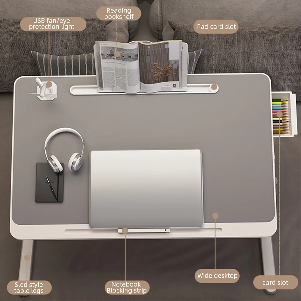 โต๊ะแล็ปท็อปปรับได้สำหรับเตียงพร้อมชั้นวางหนังสือลิ้นชักปรับความสูงได้9.4 "-12.6" ที่ยึดโต๊ะคอมพิวเตอร์อะลูมินัมอัลลอย