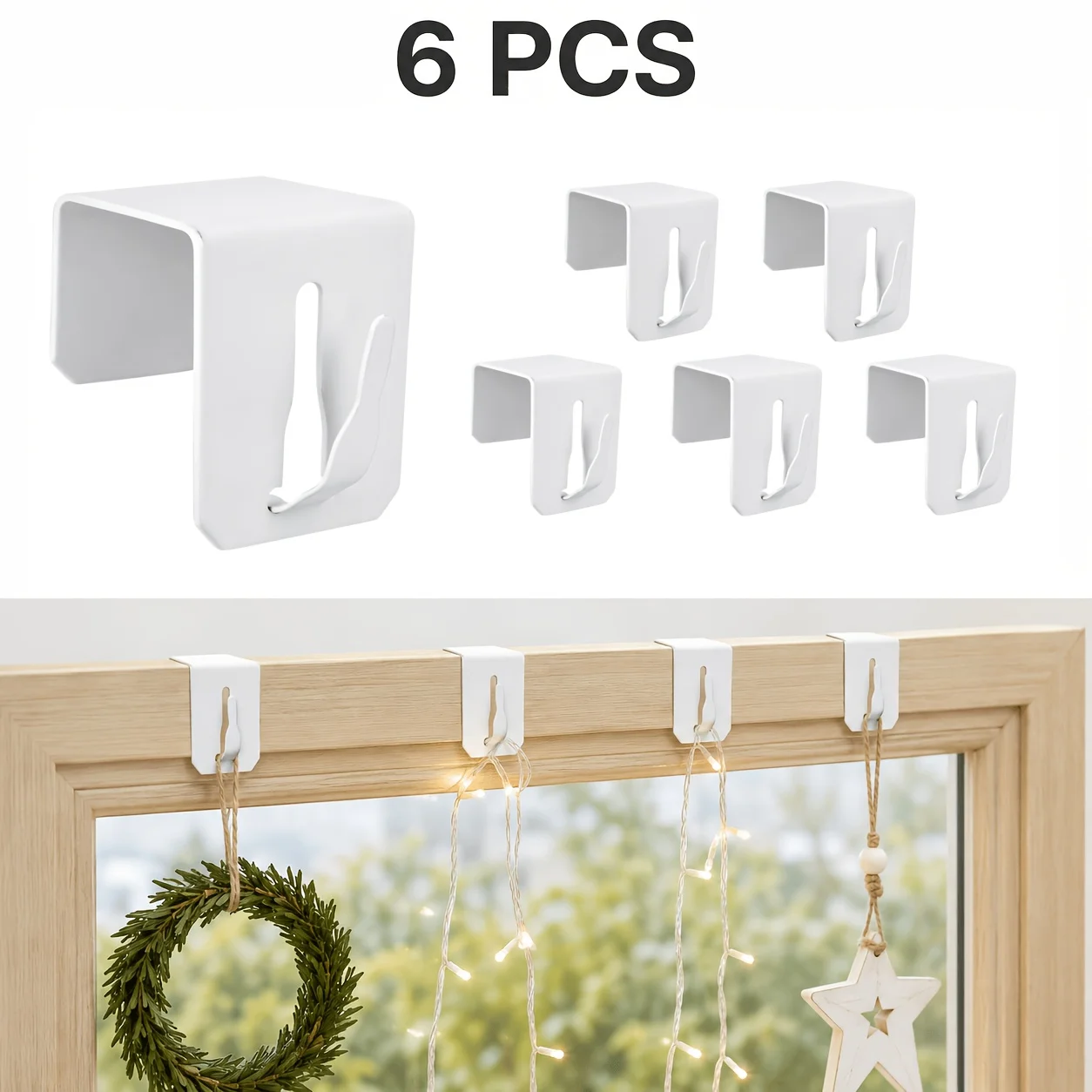 6pcs Stainless Steel Window Hooks No-Drill Door Window Clip Hangers for Fairy Lights Christmas Stars Wreath Christmas Decor