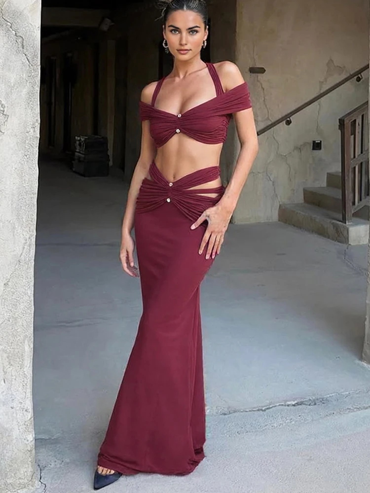 kliou Sexy Concise Women 2 Piece Set Summer Holiday Outfit Halter Off Shoulder Bare Midriff Tops+Slash Waist Pleated Maxi Skirts