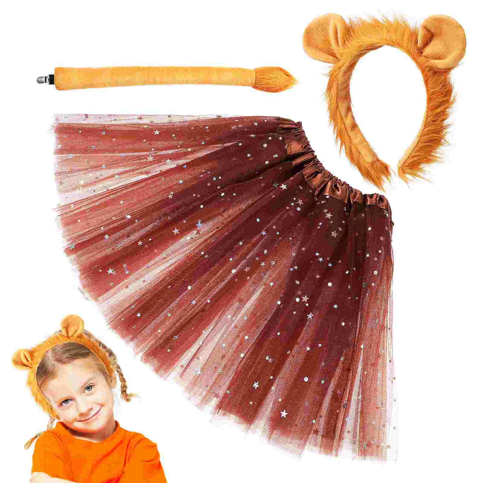 Lion Cosplay Costume 3-piece Set Headband Accessories for Kids Girls Tutu Headgear Polyester Ears Tail Baby