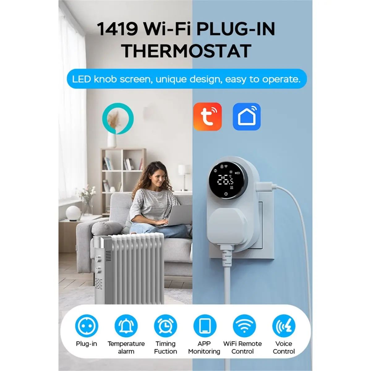 

Digital WiFi Thermostat Plug Socket LCD Screen Temperature Controller with Waterproof Sensor Probe UK Plug