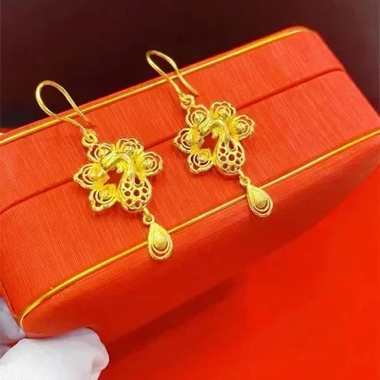 Gold 24K Open Screen Peacock Earrings for Women, New Pure Gold Light Luxury Fashionable Temperament Earrings Ear Hooks