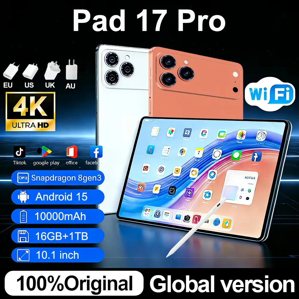 

Global Original Pad 17 Pro 2026 NEW Tablet Snapdragon 8 Gen3 10.1inch Android 15 16GB+1TB 10000mAh 5G Dual Card WiFi GPS Tab