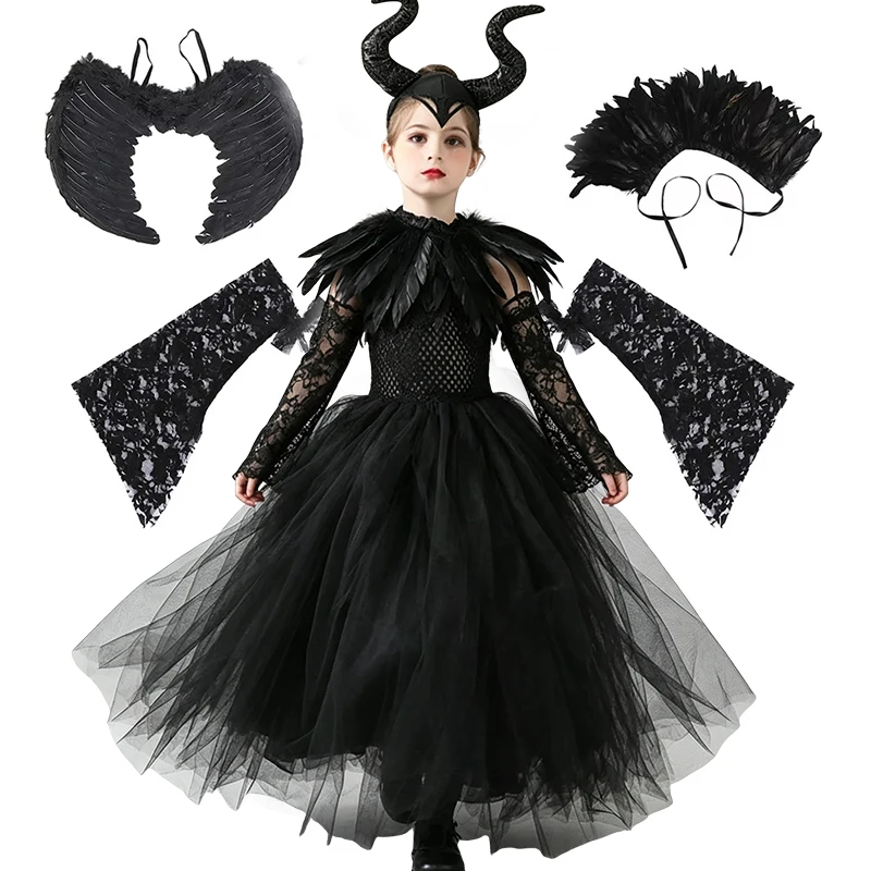 Halloween Carnival Cosplay Outfit for Girl Black Dark Angel Tutu Dress with Wings Horn Headband Scepter Kids Fancy Dress Costume