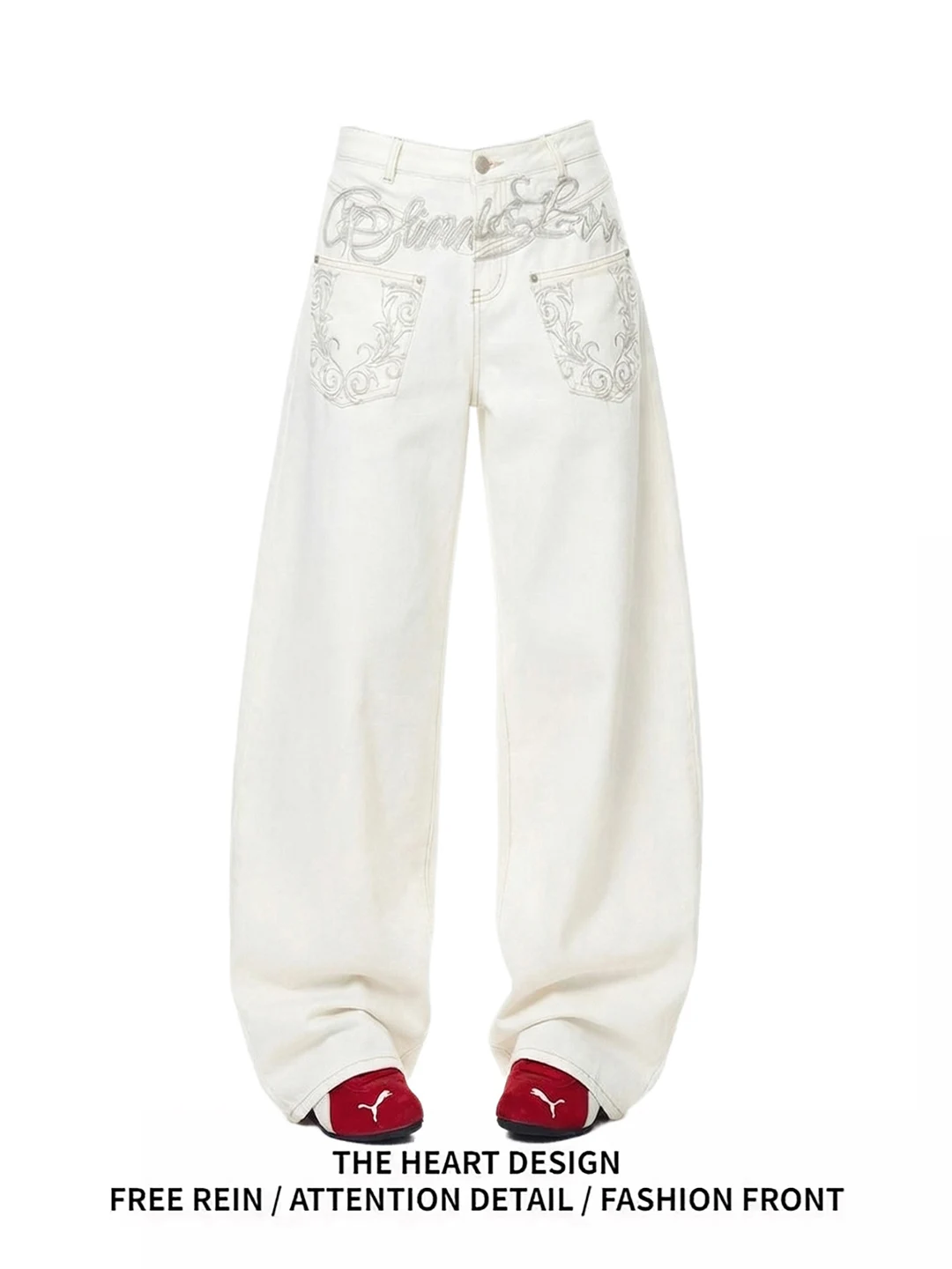 

American Style High Waist Straight Leg Wide Leg Denim Pants White Embroidery Design Women's New 2026 Floor Length Trousers