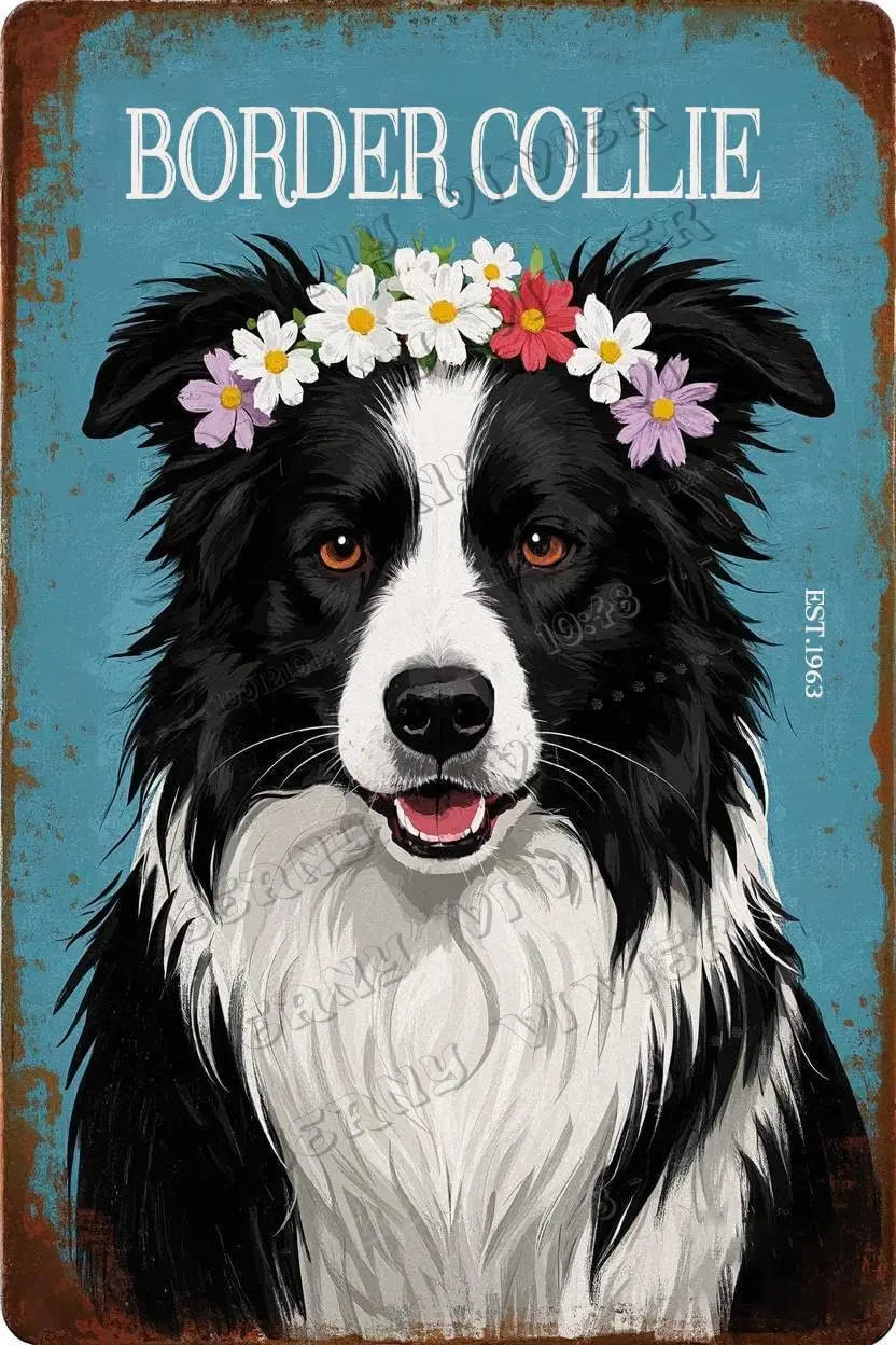 Y1,Cute Border Collie With Flower Crown Decor - Dog Vintage Metal Tin Sign for Kids Bedroom Living Room Pet Corner Shop