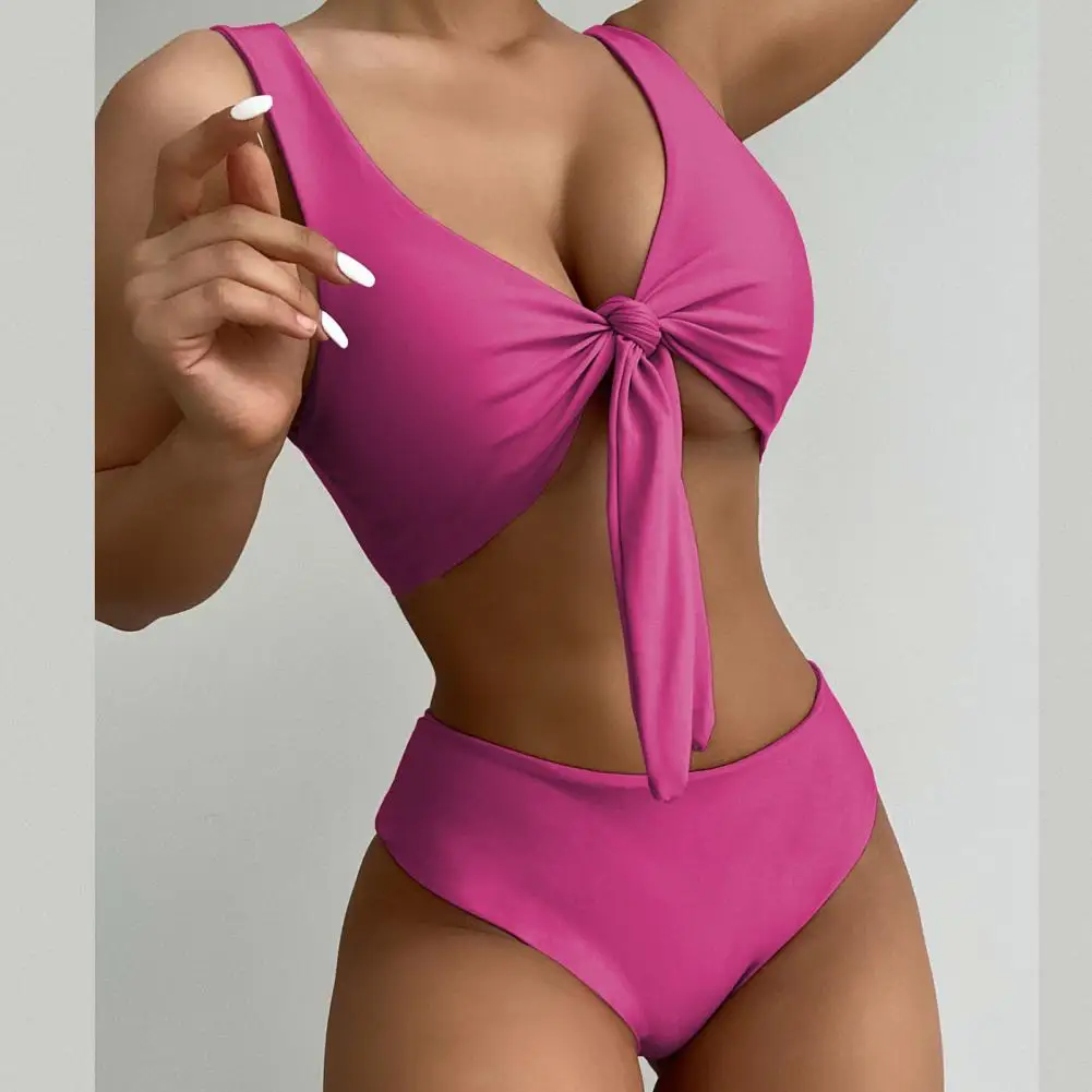 2024 damskie seksowne Bikini kokardka wiązana w jednolitym kolorze dwuczęściowy strój kąpielowy dla kobiet plażowych brazylijskie Bikini plażowych